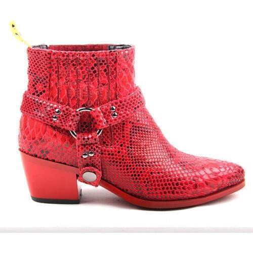 Fashion Snake Skin Pointy Toe Women Ankle Boots Python Print Chunky Heel Martin Boots Grey Red Botas Mujer Slip On Cowboy boots