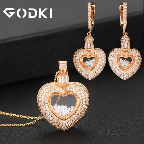 GODKI Heart Necklace Earring Set Bridal Jewelry Sets Full Mirco Cubic Zircon European Wedding Fashion Jewelry Set 2020