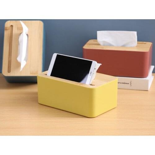 New Tissue Containers With Phone Holder With Wood Cover Modern Black Color Tissue Canister Cotton Pads Storage Box Tissue Box