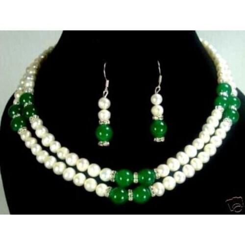 New Style Hot sale2 color- 2 row 7-8mm white pearl & green/red stone necklace earring set Fashion Wedding Party Jewellery