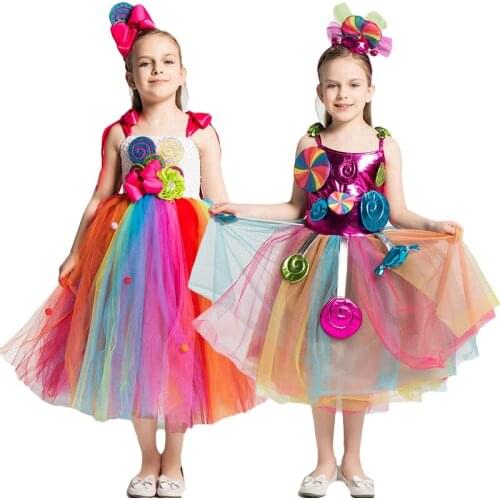 Girls Rainbow Candy Dress Kids Lollipop Modeling Frock Baby Girl Performance Costumes Summer Children Birthday Party Clothes