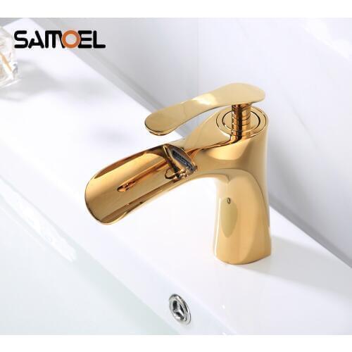 Luxury Brass Golden Waterfall Bathroom Faucet Mixer Deck Mount Single Holder Gold Basin Sink Hot Cold Water Tap G1116