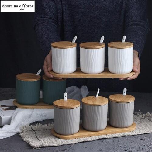 Sugar Bowl Pure Color Art Small Spoon With Lid Seasoning Box Spice Jar Kitchen Storage Set Large Capacity Spice Organizer