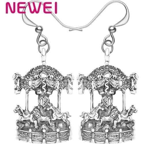 Newei Plated Alloy Antique Gold Carrousel Horse Earrings Realistic Cute Animal Drop Dangle Jewelry For Kids Lover Novelty Gift