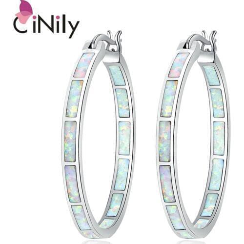 CiNily White Fire Opal Hoop Earrings Silver Plated Large Round Circle Punk Rock and Roll Simple Fashion Jewelry Gifts Girl Woman