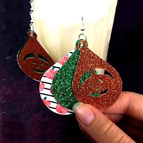 Halloween Pumpkin Earrings Cutting Three Layers Glitter Faux Leather Teardrop Earrings