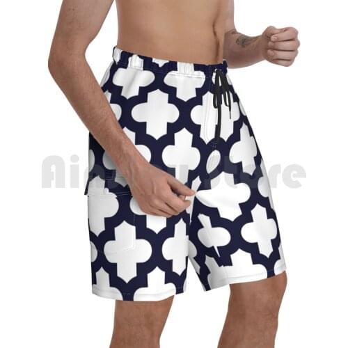 Navy Blue Thick Quatrefoil On White Beach Shorts Men Beach Pants Swim Trunks Navy Blue Blue Navy White Quatrefoil