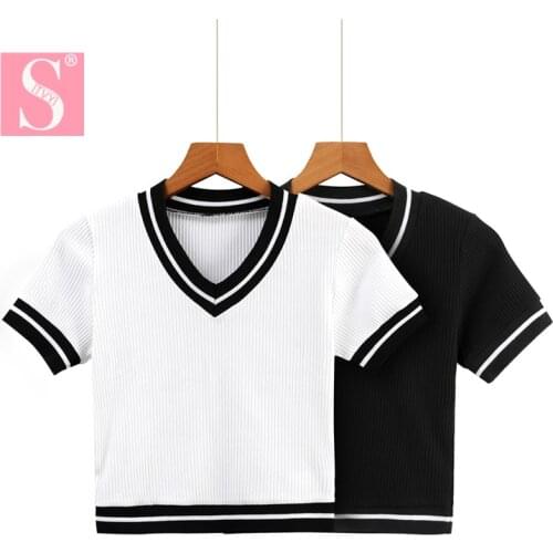 STVY 2021 New Spring Summer Women Knitting V-Neck Short Sleeve Crop Top Ladies Ribbed Patchwork Tee Tops