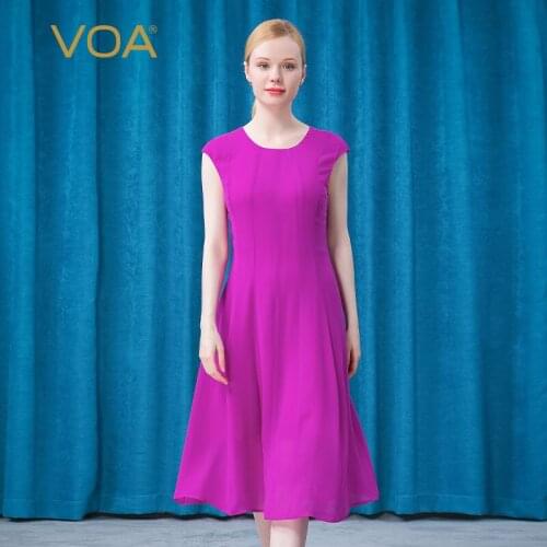 VOA Silk Georgette Fuchsia Beach Midi Dress AT76 O-Neck Simple Basic Pure Color Comfortable A-LINE Summer Casual Womens Dresses