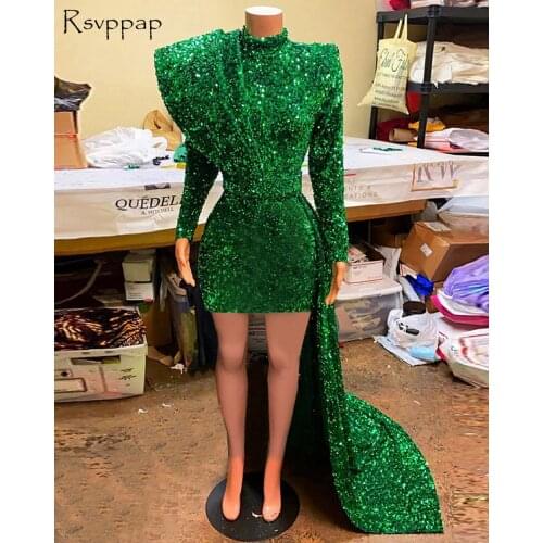 Green Prom Dresses 2021 High Neck Long Sleeve Short Front Long Back Sequin African Black Girls Prom Gowns