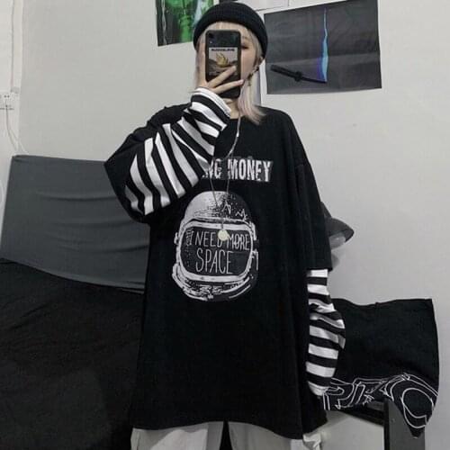 Autumn Tshirt Casual Letter Print O-Neck Stripe Tees Creativity Loose T-Shirts Women Long Sleeve Oversize Top Hip Hop Streetwear