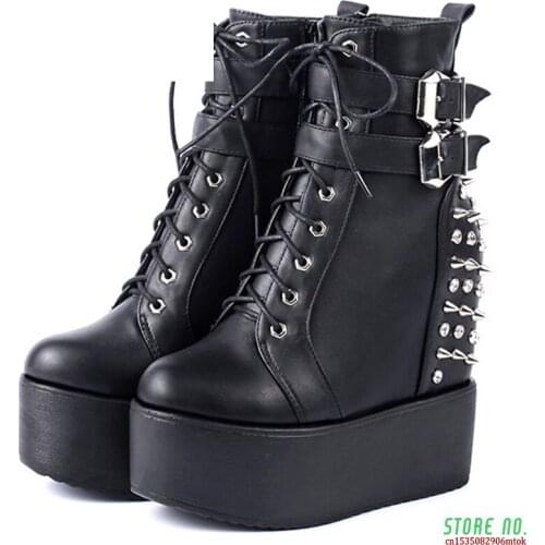 2020 Round Toe Metal Rivets Ankel Boots For Women Black White Gothic Female Shoes Drop Shipping Wedges High Heels Shoes