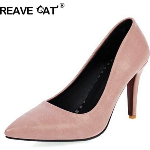 REAVE CAT Small Big Size 32-43 Dress Shoes Lady Pointe Toe 9cm Thin Heel Pumps PU Leather Office White Pink Red Black S2488