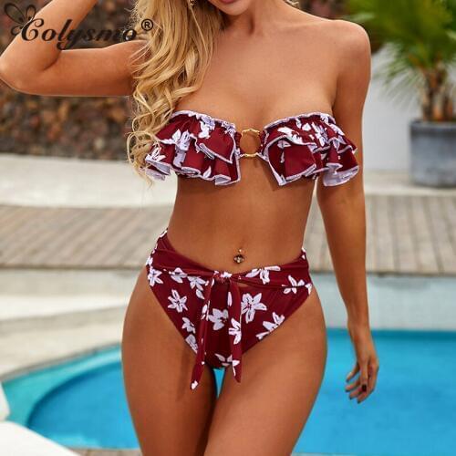 Colysmo Print Beach Set Women Sexy Strapless Ruffles Metal Ring Bikini Push Up Padded Hight Waist Swimsuit 2020 New Beachwear