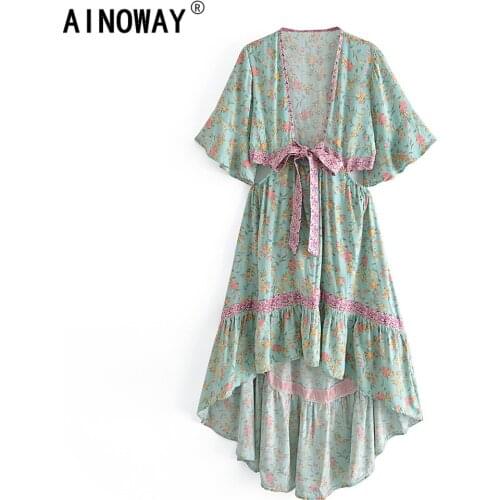 Vintage chic women Green Floral print short sleeve Bohemian maxi dresses Ladies deep V neck Irregular hem Boho sundress