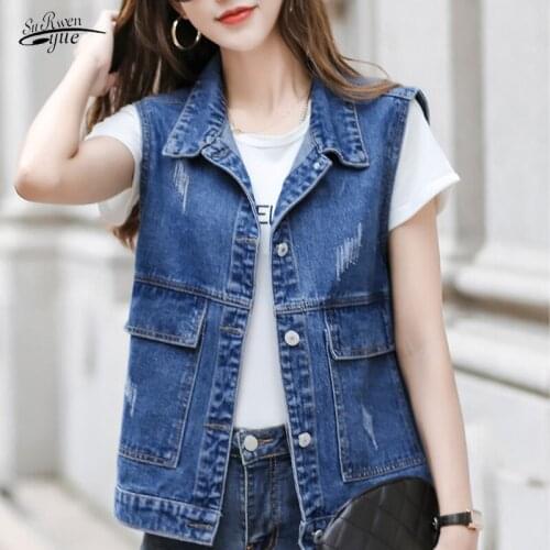 Cotton Waistcoat Female Sleeveless Coat Casual Streetwear Autumn New Blue Denim Vest for Women Plus Size Jeans Jacket 14835