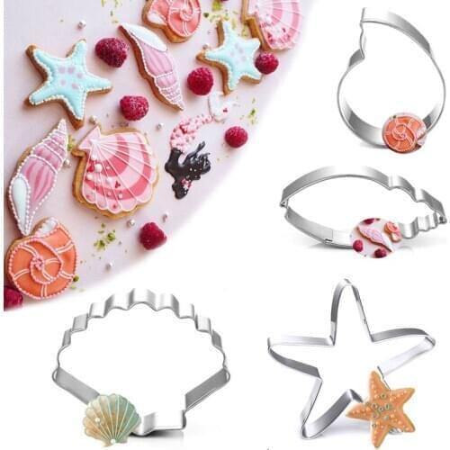 4pcs/lot Shell Conch Starfish Dolphins Shape Stainless Steel Cookie Cutter 3D Biscuit Cake Mold DIY B LB 460