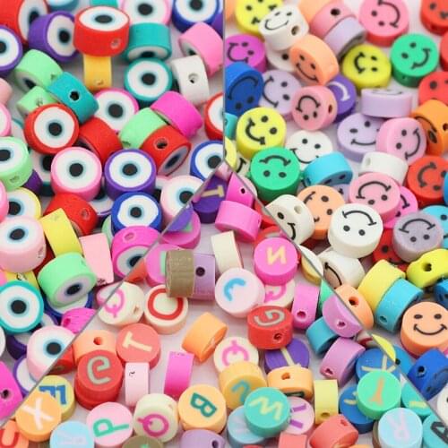50pcs 10MM Mix Color Round Shape Letter,Smile Polymer Clay Charm Spacers Loose Beads For Jewelry Making DIY Bracelet Accessories