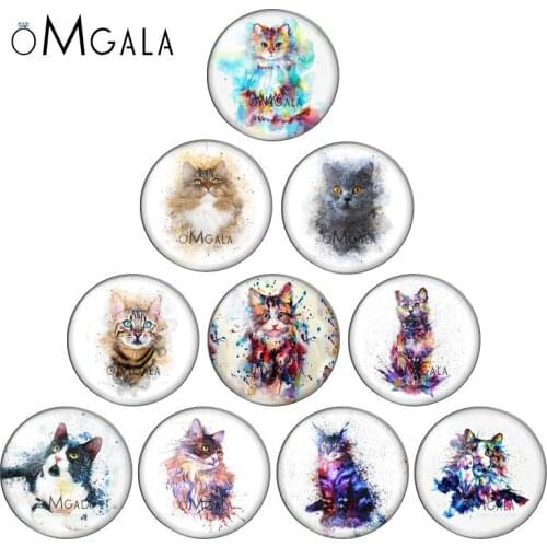 Watercolor Ink Cat Animals Paintings 10pcs 12mm/18mm/20mm/25mm Round photo glass cabochon demo flat back Making findings