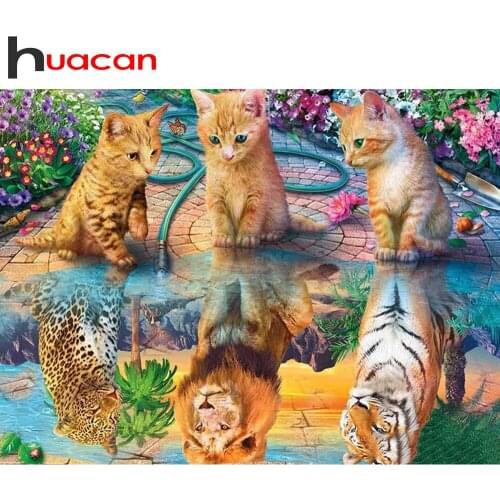 Huacan 5D Diamond Painting Cat Lion Tiger Leopard Diamond Mosaic Set For Embroidery Cross Animal Beaded Pictures Home Decoration