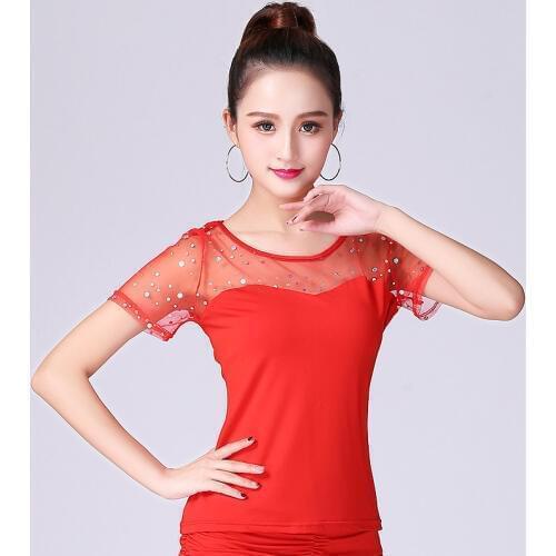 Ballroom Dancing Shirt Social Dance Performance Costumes Girls Sequins Short Sleeves Dance Blouse Latin Dance Suit D-0024