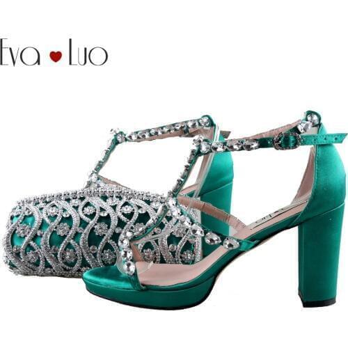 BS969 Custom Handmade Emerald Green Shoes With Matching Bag Set Strappy Dress Sandal Block Hee high Heel Women Wedding Shoes