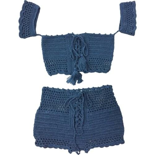 Women Crochet High Waisted Swimwear Bikini Set Lace Knit Swimsuit Bathing Suit