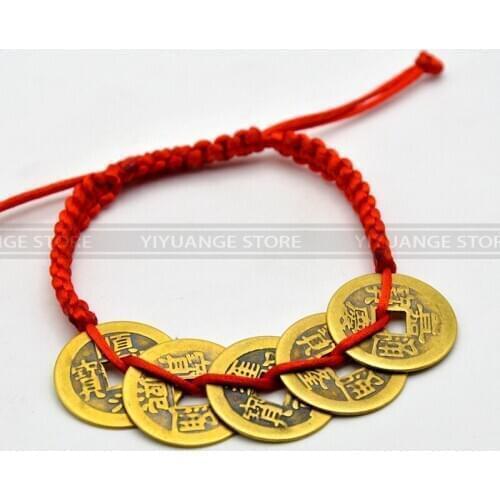 Feng Shui Brass Chinese Ancient Coins Red Rope Bracelet Adjustable Protection Fortune Hand knit String