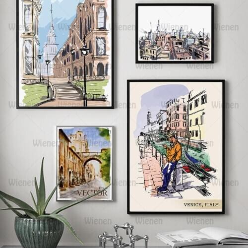 Building City Canvas Poster Vintage Watercolor Wall Art Painting Nordic Posters and Prints Wall Pictures for Living Room Decor