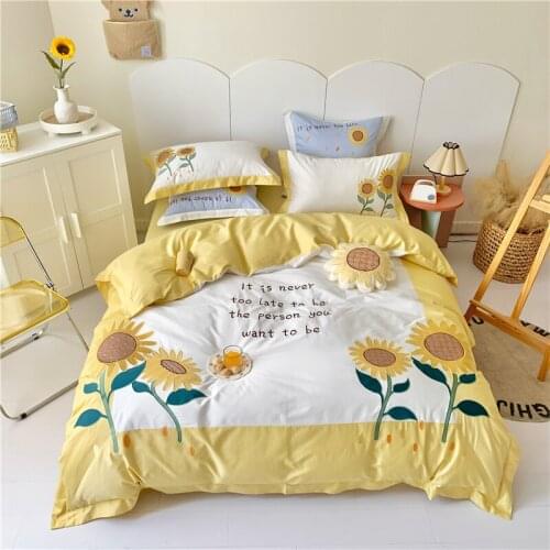 Yellow/White Sunflower Embroidery Egyptian Cotton Bedding Set Duvet Cover Bed Linen Fitted Sheet Pillowcases 4Pcs Home Textiles
