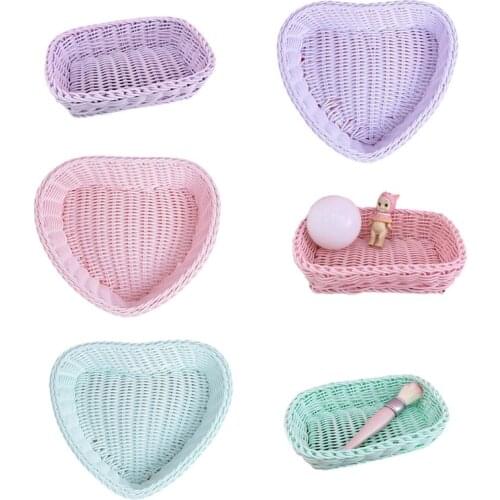 Macaron Candy Color Woven Plastic Basket Cosmetic Storage Box Rectangular Heart Shaped Desktop Organizer Bin Home Decor