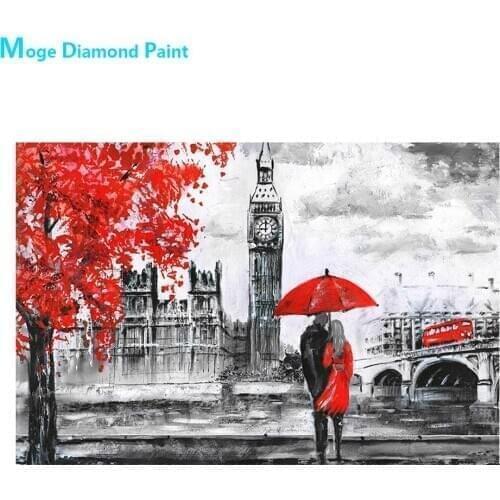 Red Leaves Umbrella Couple Diamond Painting Scenic Round Full Drill DIY Mosaic Embroidery 5D Cross Stitch London Architecture