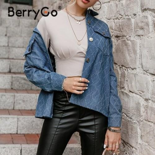 BerryGo Lapel Collar Solid Office Ladies Short Coats Cotton Autumn Winter Blue Women Jackets Full Regular Sleeves Female Jackets