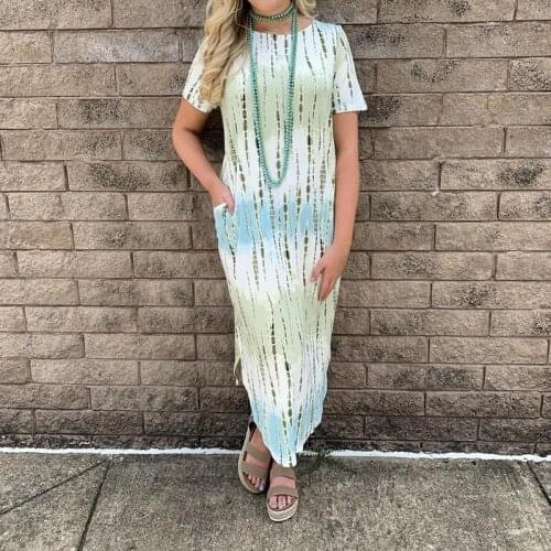 Summer Casual Round Neck Short Sleeve Loose Tie-Dye Printed Long Dress O-Neck Side Splited Vestidos Bohemian Stripe Fashion