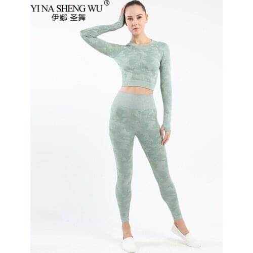 Fashion Women Seamless Fitness Clothing Yoga Set Sport Long Sleeves Top Camouflage Gym Push-up Leggings Pants Workout Sportswear