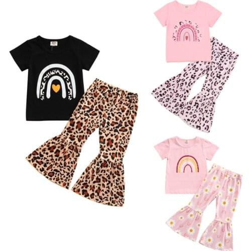 Fashion Summer Toddler Kids Baby Girls Clothes Sets Rainbow Printed Short Sleeve T shirt Tops Leopard Flare Pants Outfits 2pcs