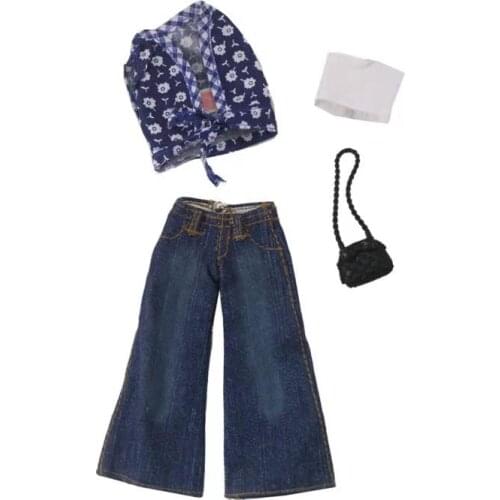1/6 Fashion Outfits for Barbie Doll Clothes Set Blue Floral Shirt Tank Top Jeans Trousers Handbag 11.5" Dolls Accessory Girl Toy