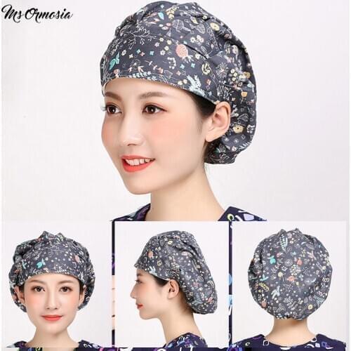 New unisex cotton cartoon breathable printed hat adjustable frosted cap beauty salon working cap laboratory pet shop fluffy cap