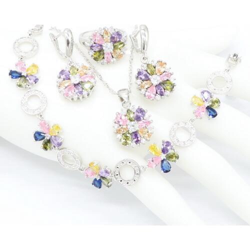 Sterling Silver Multicolor Stones Zirconia Trendy Pendant Necklace Earring Bracelet Ring Jewelry Sets for women Fashion Gift