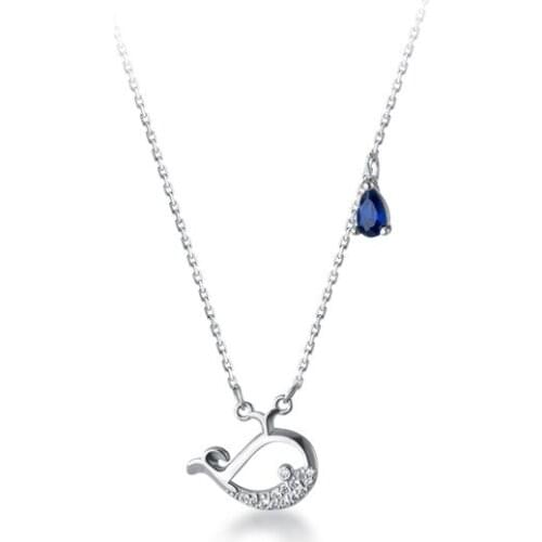 Real. 925 Sterling Silver CZ Oval Blue sapphire whale dolphin Necklace Pendant Fine Jewelry