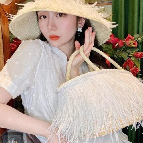 Luxury pearl tassel Straw Bag 2021 Summer Beach Bags For Ladies Handmade Feather Totes For Travel Tesigner Purse with Sun Hat