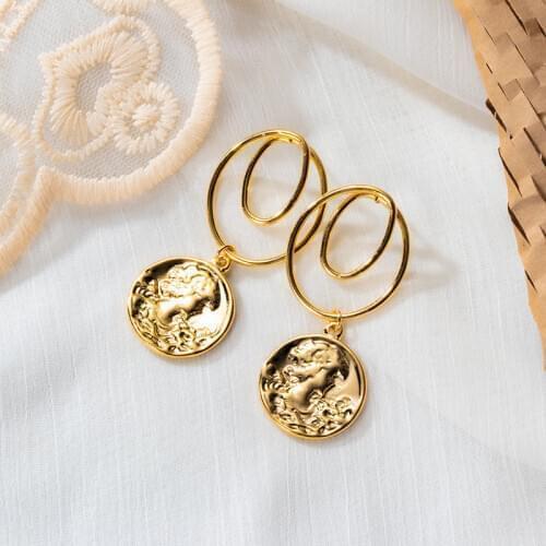 Golden Portrait Earrings Korean Geometry Metal Earrings For Women Female Retro Round Drop Earrings 2021 Trend Fashion Jewelry