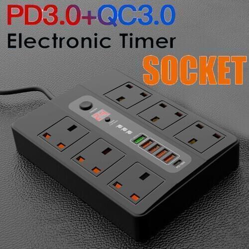 2500W 6 Outlet Surge Protector, 2 Meter Extension Cord, UK Plug Power Strip with Timing Function and PD 3.0 QC3.0 USB Port