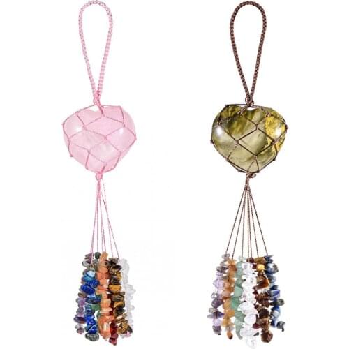 TUMBEELLUWA Healing Crystal Handmade Hanging Ornament Love Heart Charms with Chakra Stone Tassel Car Ornament for Fengshui Decor