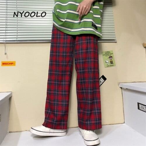 NYOOLO Harajuku Streetwear Vintage Classic Plaid Elastic Waist Oversized Straight Pants Women Men Casual Hip Hop Punk Trousers