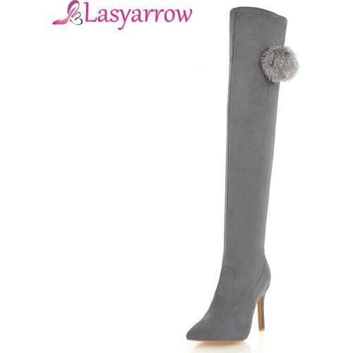 Lasyarrow Women Stretch Suede Thigh High Boots Sexy Fashion Over the Knee Boots High Heels Woman Shoes Black Gray Pink Fur F550