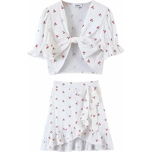 New Womens Cherry Print Sexy Suit Wwomens V-Neck Short Sleeve High Waist Irregular Ruffle Skirt