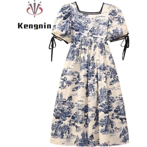 Dresses Woman Summer 2021 Plus Size Womens Retro Fashion Print Ladies Prom Dess French Style Big Size Puff Sleeve Robe KE1621