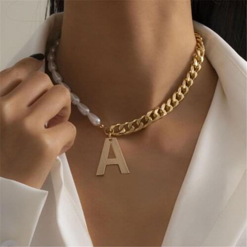 DIEZI Vintage Elegant Pearl Necklace Fashion Letters A Shape Pendant Gold Color Metal Chain Necklaces Women Statement Jewelry