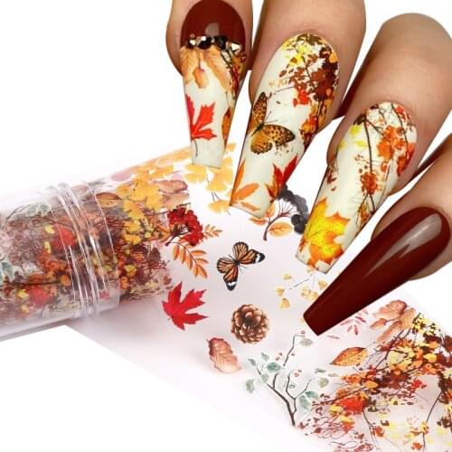 1 Box Gold Fall Leaves Nail Foils Flower Maple Leaf Butterfly Transfer Sticker Paper Nail Art DIY Decorations Tools Accessories